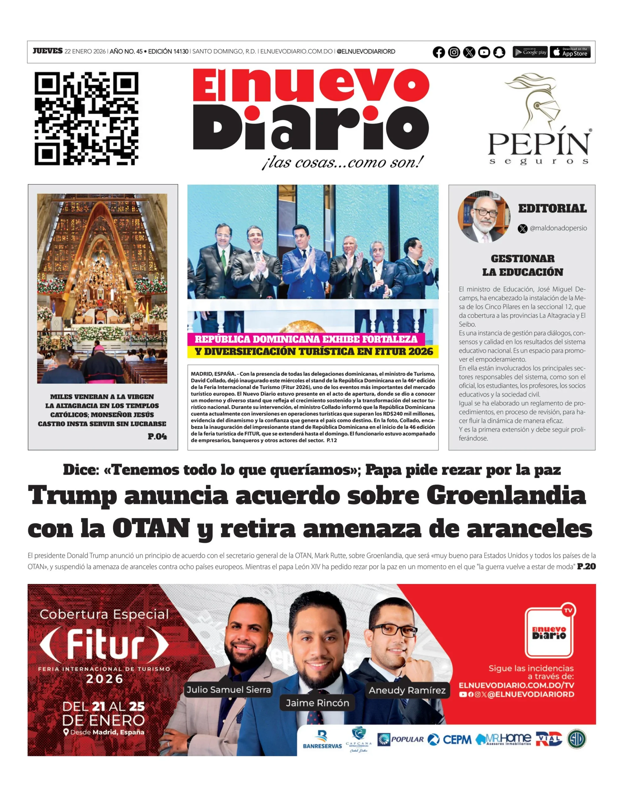 Portada Periódico El Nuevo Diario, Miércoles 22, Enero, 2026