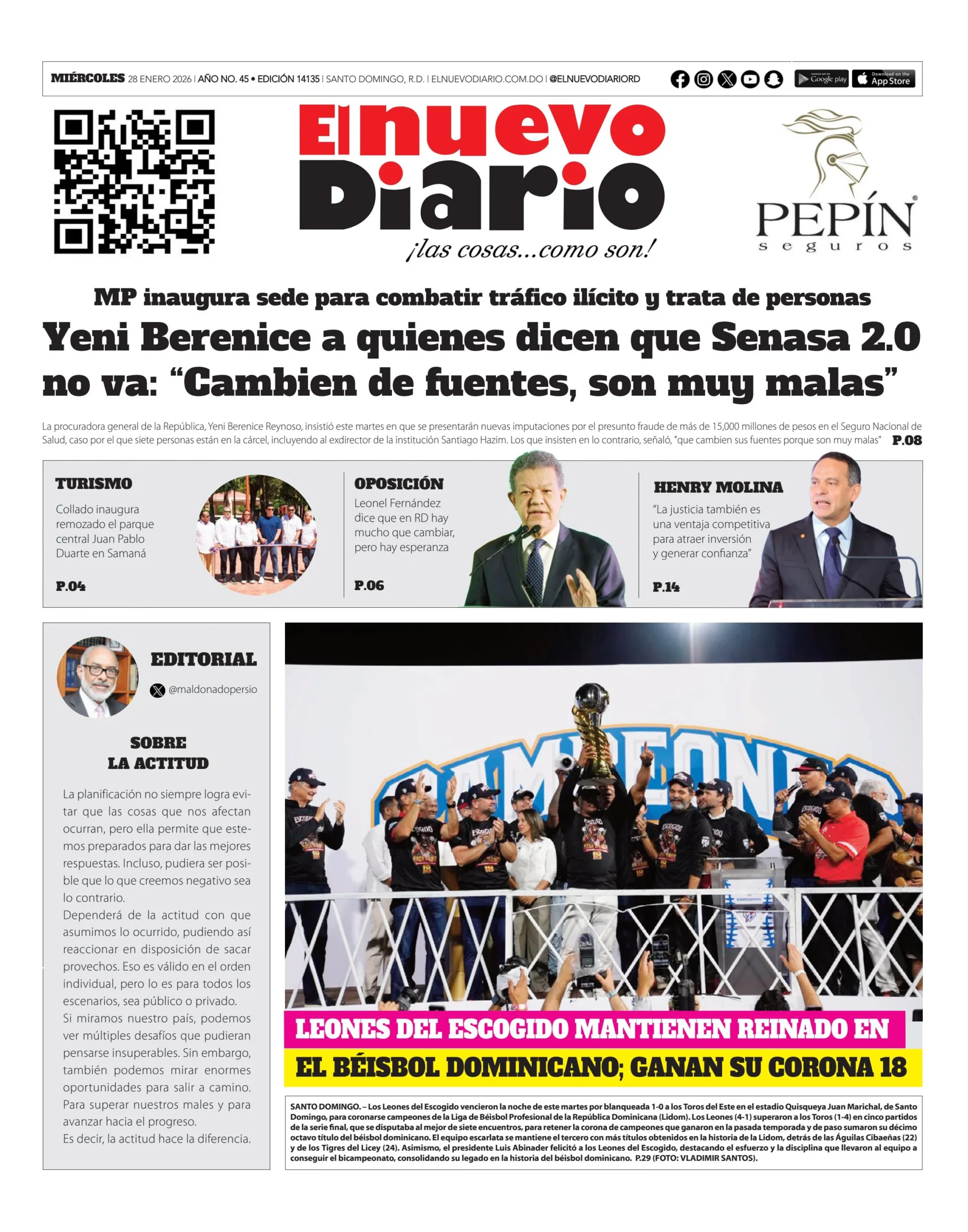 Portada Periódico El Nuevo Diario, Miércoles 28, Enero, 2026