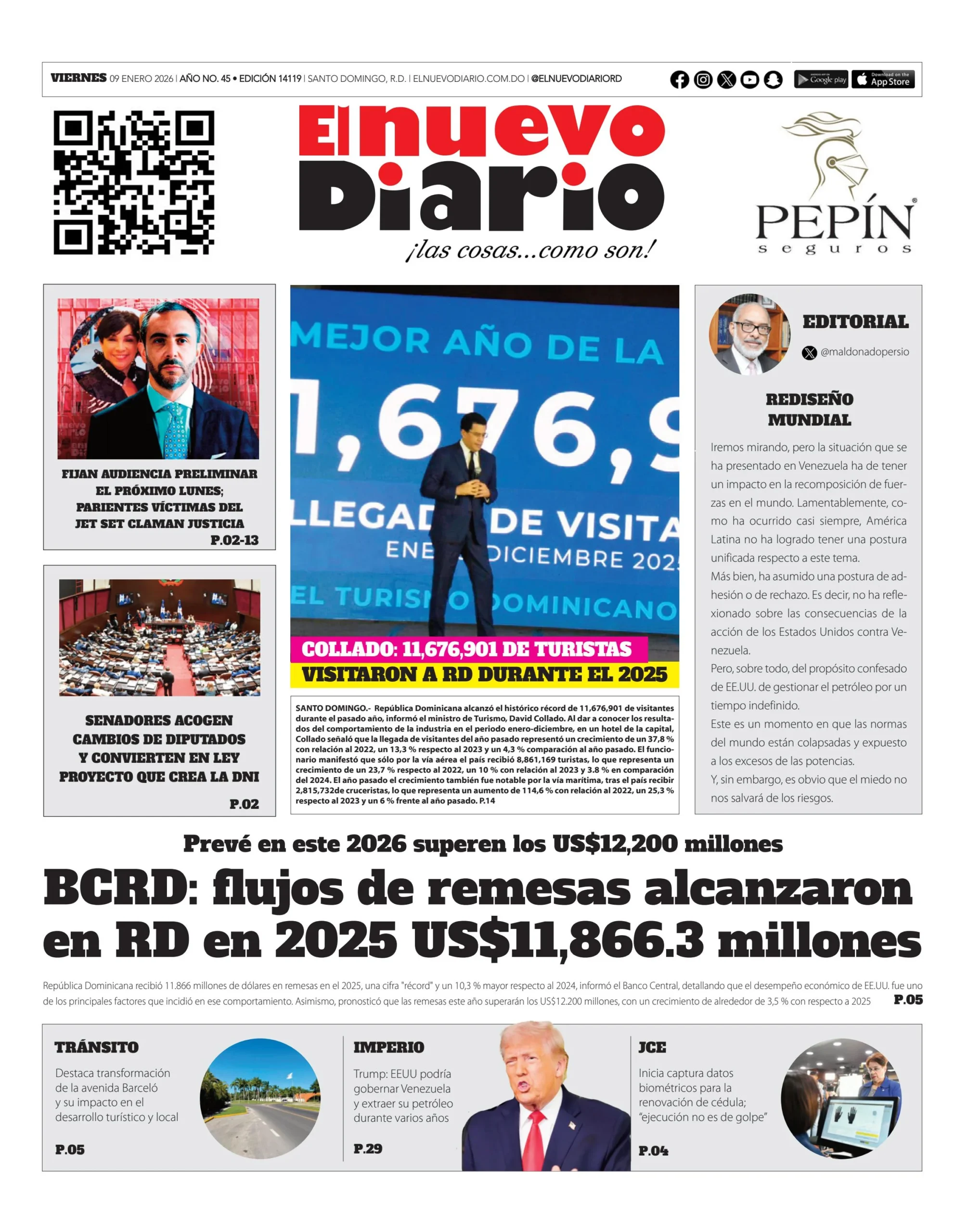 Portada Periódico El Nuevo Diario, Viernes 09, Enero, 2026