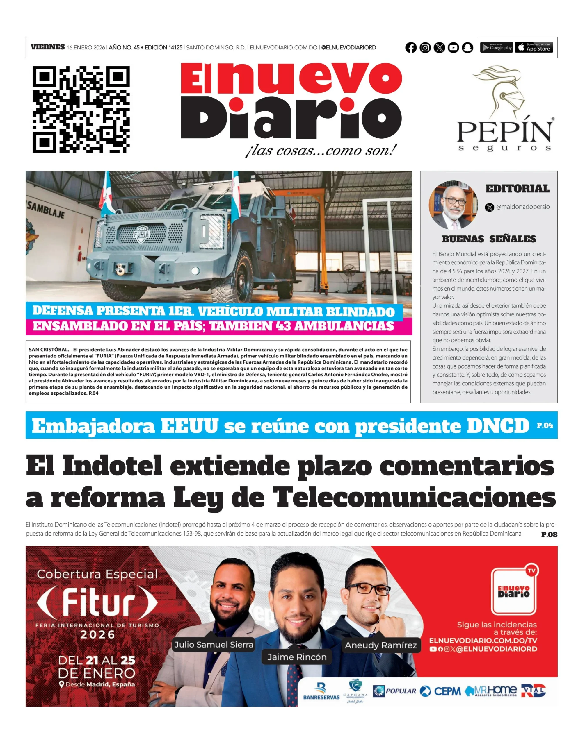 Portada Periódico El Nuevo Diario, Viernes 16, Enero, 2026