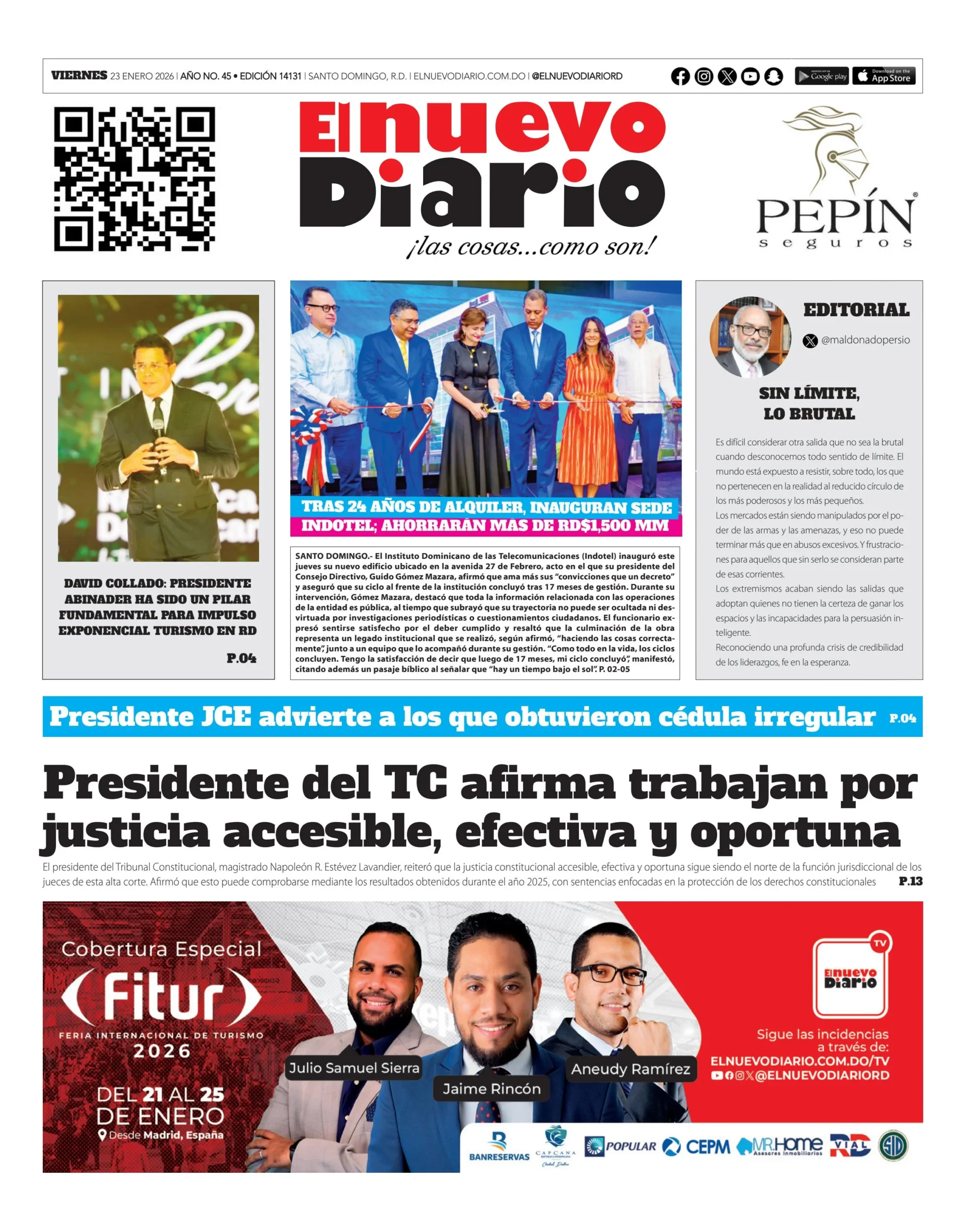 Portada Periódico El Nuevo Diario, Viernes 23, Enero, 2026