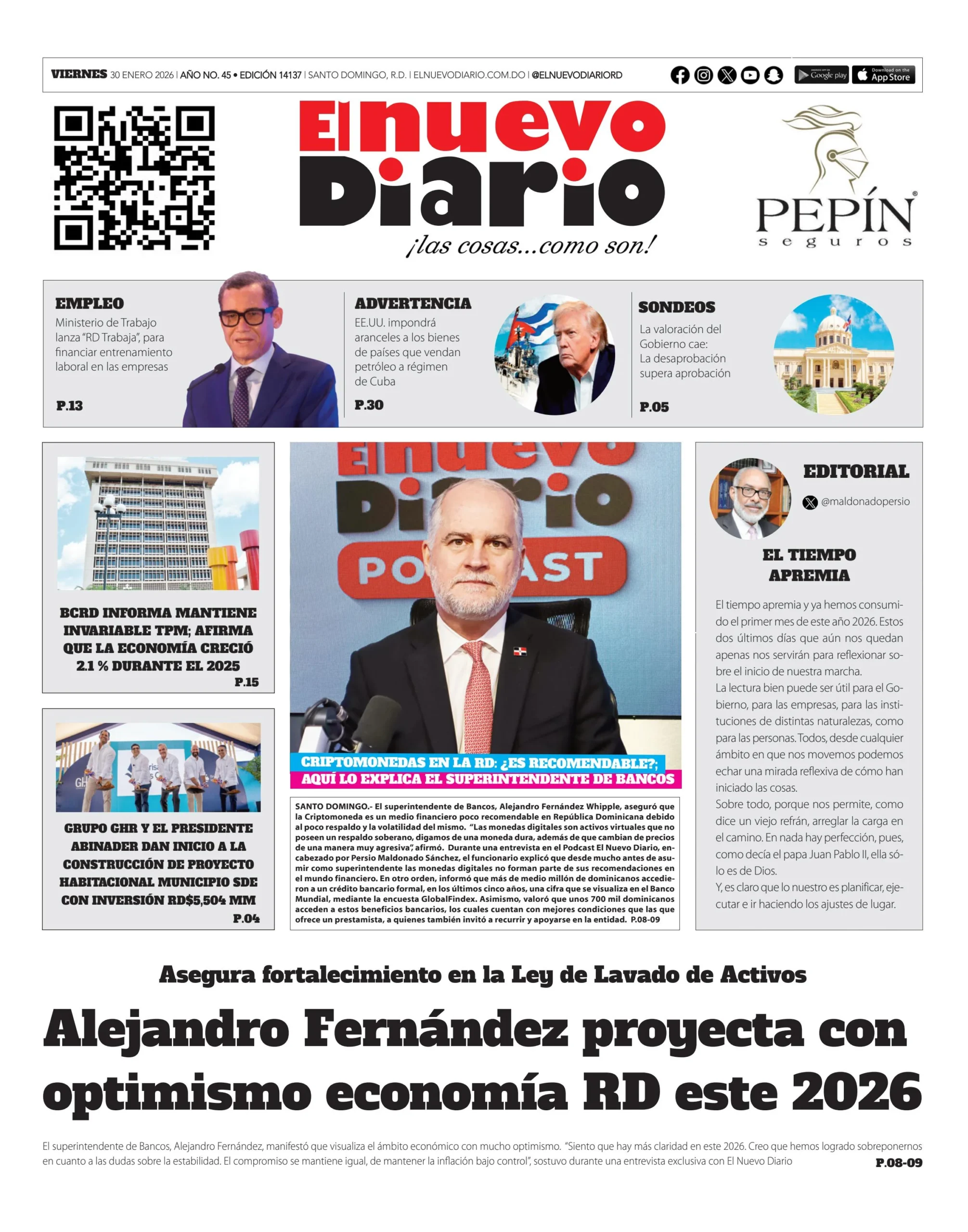 Portada Periódico El Nuevo Diario, Viernes 30, Enero, 2026
