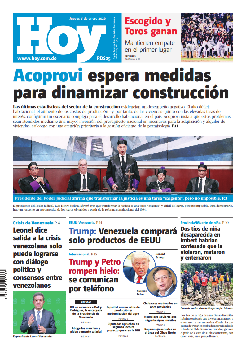 Portada Periódico Hoy, Jueves 08, Enero, 2026