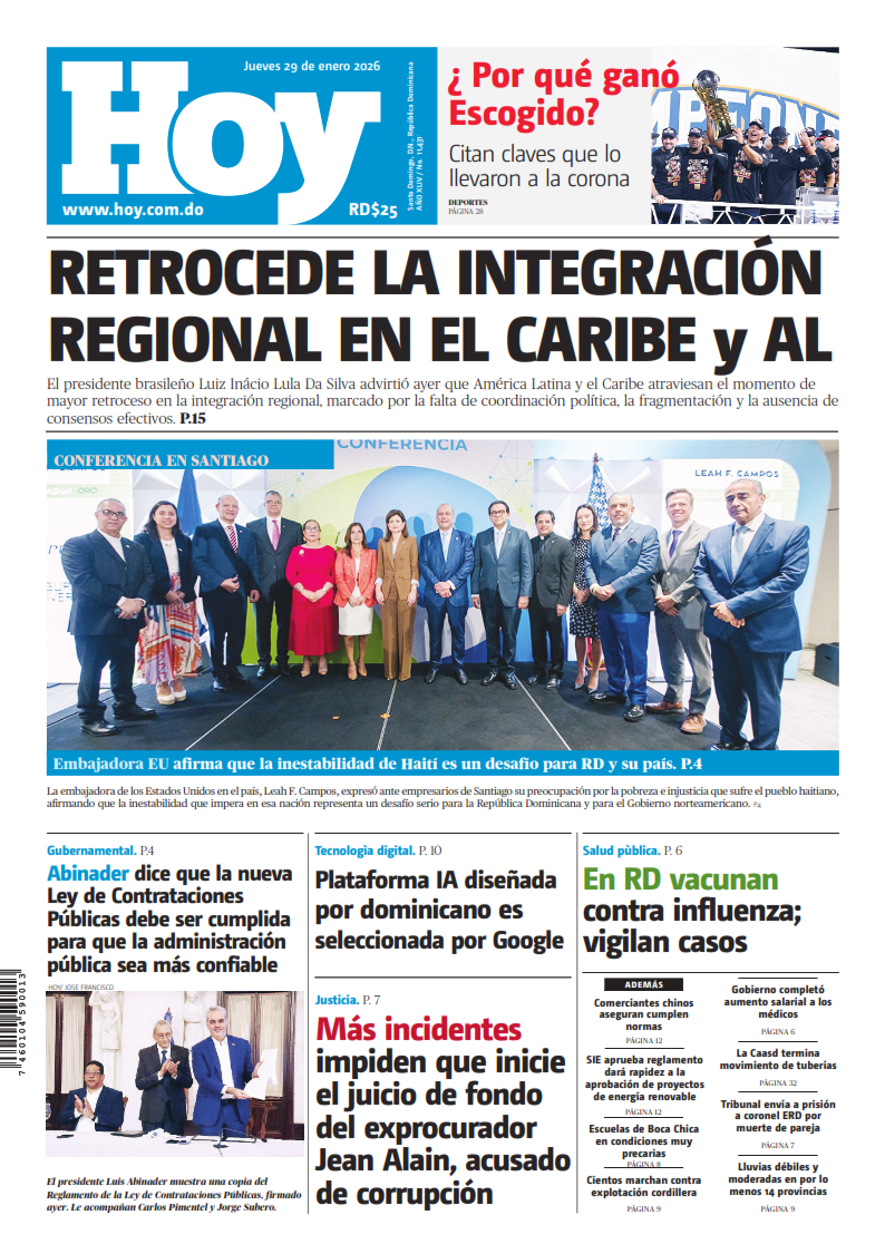 Portada Periódico Hoy, Jueves 29, Enero, 2026