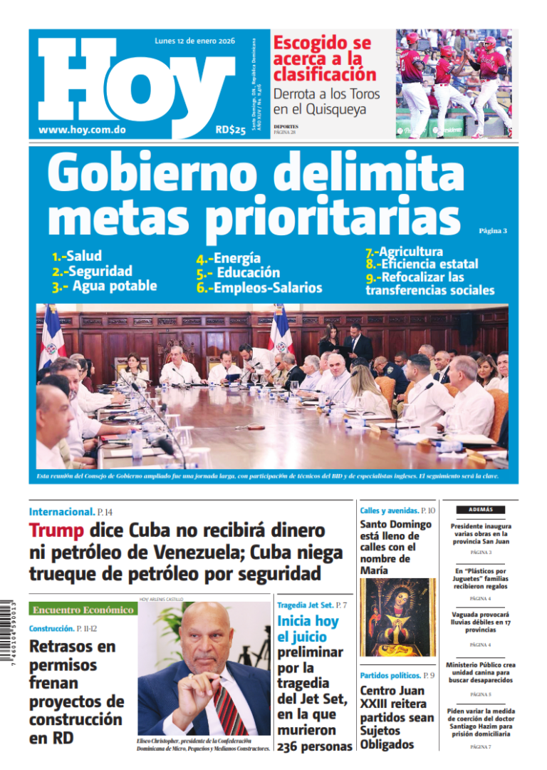 Portada Periódico Hoy, Lunes 12, Enero, 2026
