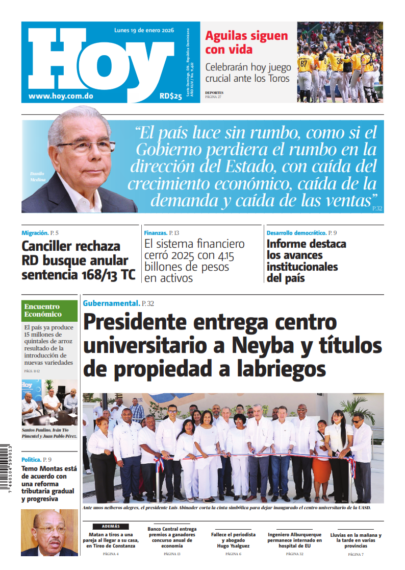 Portada Periódico Hoy, Lunes 19, Enero, 2026