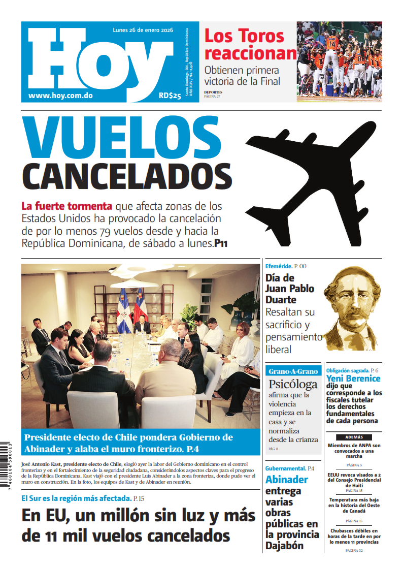 Portada Periódico Hoy, Lunes 26, Enero, 2026