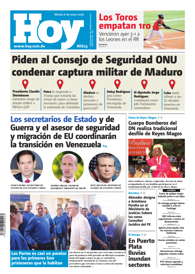 Portada Periódico Hoy, Martes 06, Enero, 2026