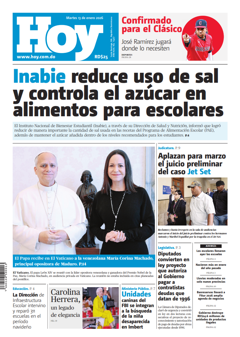 Portada Periódico Hoy, Martes 13, Enero, 2026
