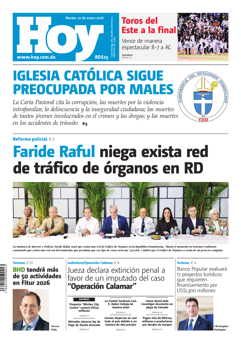 Portada Periódico Hoy, Martes 20, Enero, 2026