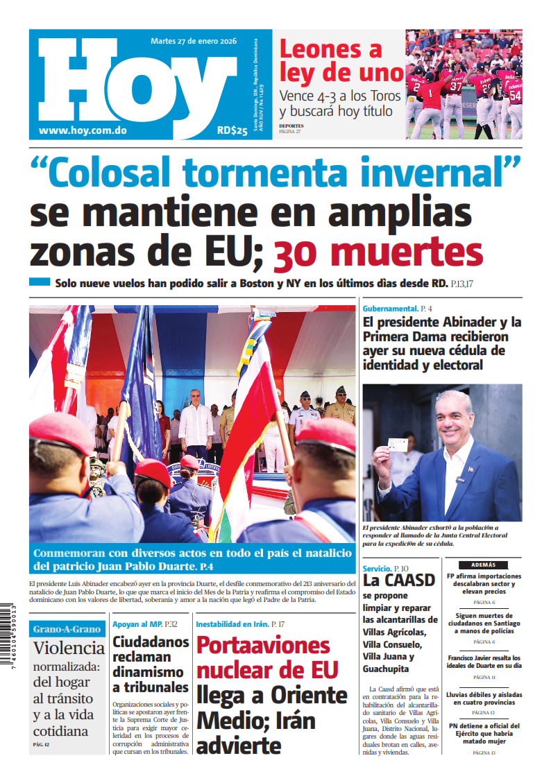 Portada Periódico Hoy, Martes 27, Enero, 2026