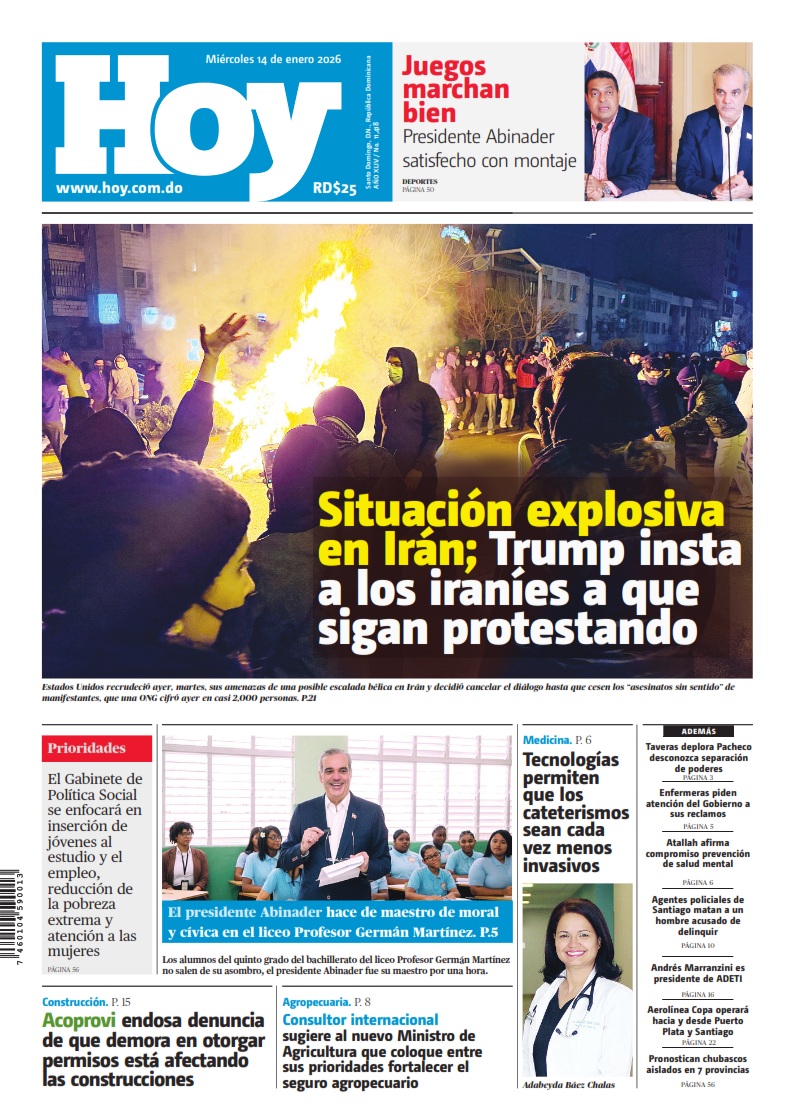 Portada Periódico Hoy, Miércoles 14, Enero, 2026