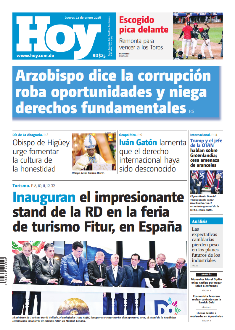 Portada Periódico Hoy, Miércoles 22, Enero, 2026