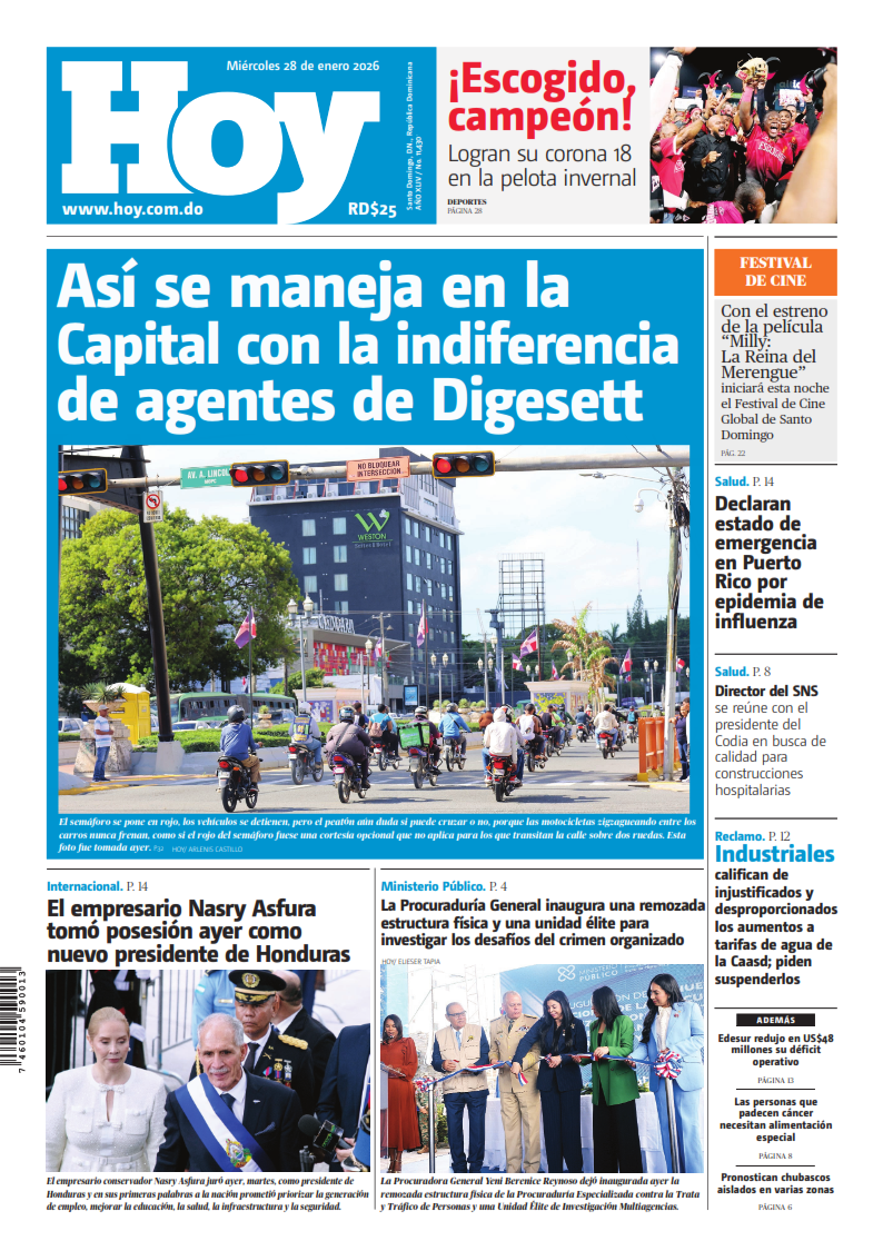 Portada Periódico Hoy, Miércoles 28, Enero, 2026