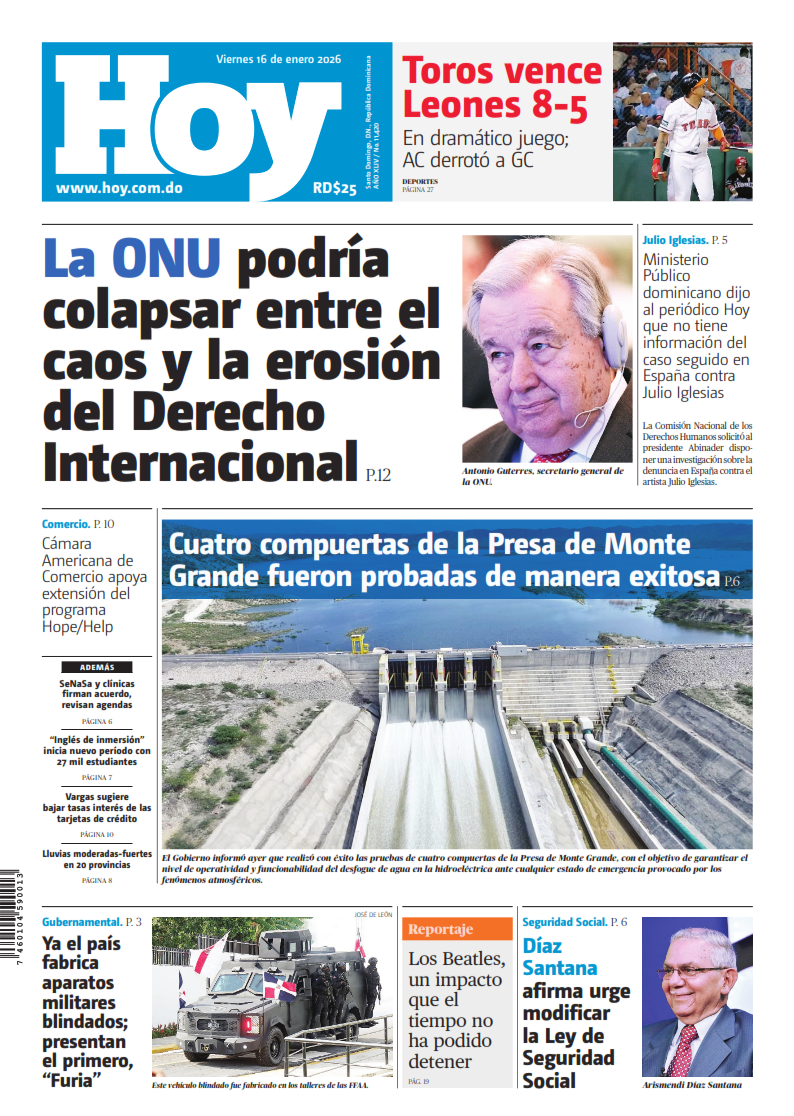 Portada Periódico Hoy, Viernes 16, Enero, 2026