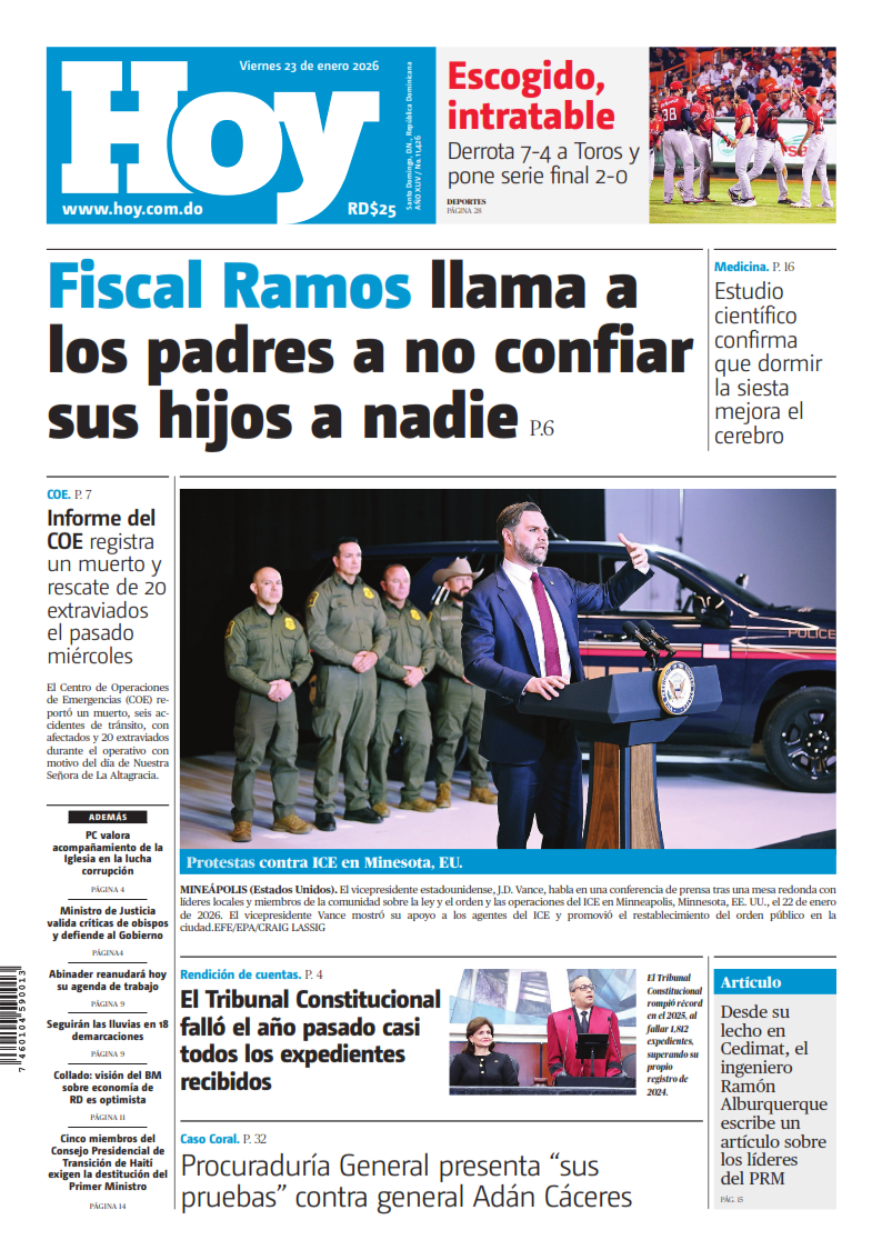 Portada Periódico Hoy, Viernes 23, Enero, 2026