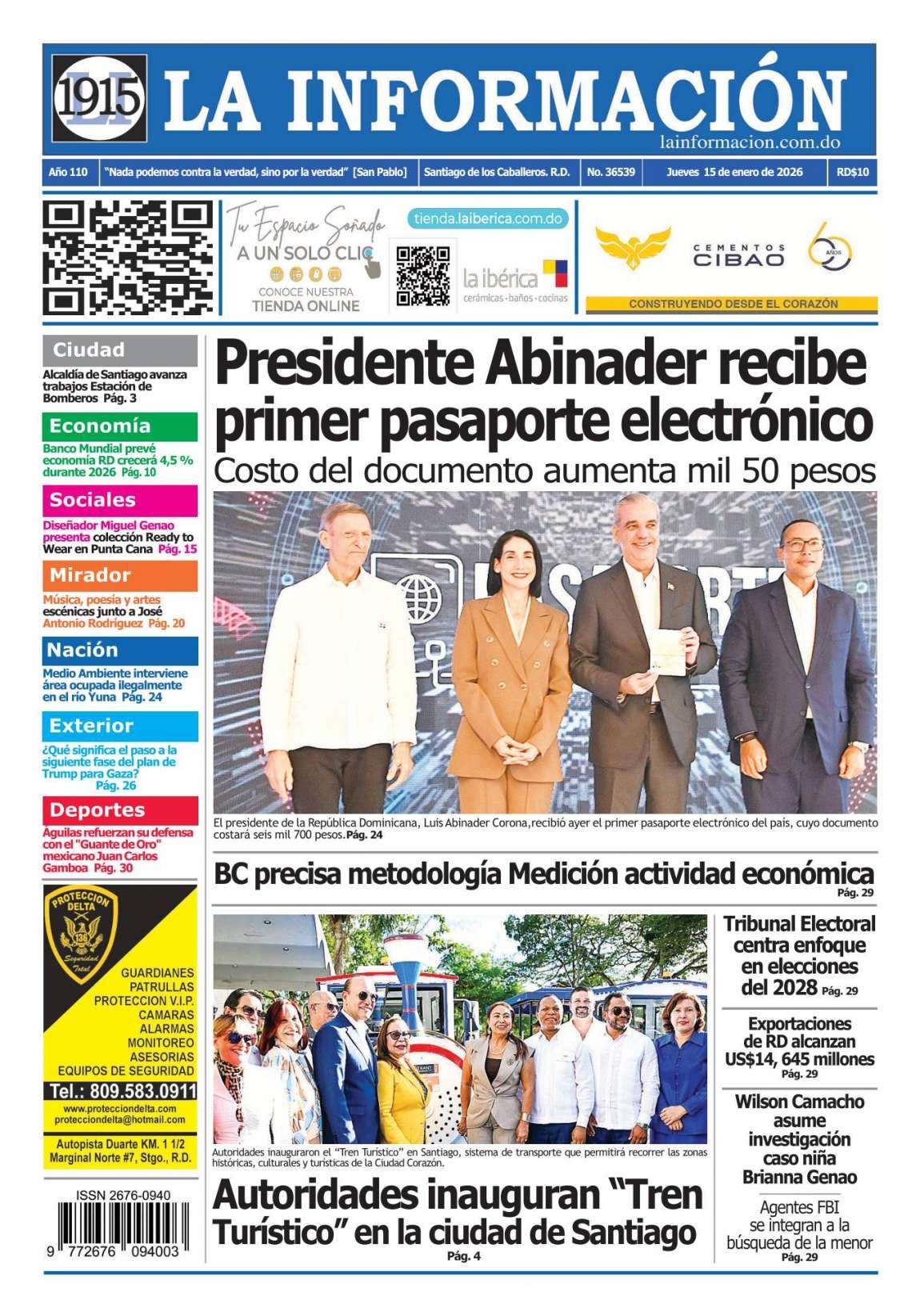 Portada Periódico La Información, Jueves 15, Enero, 2026