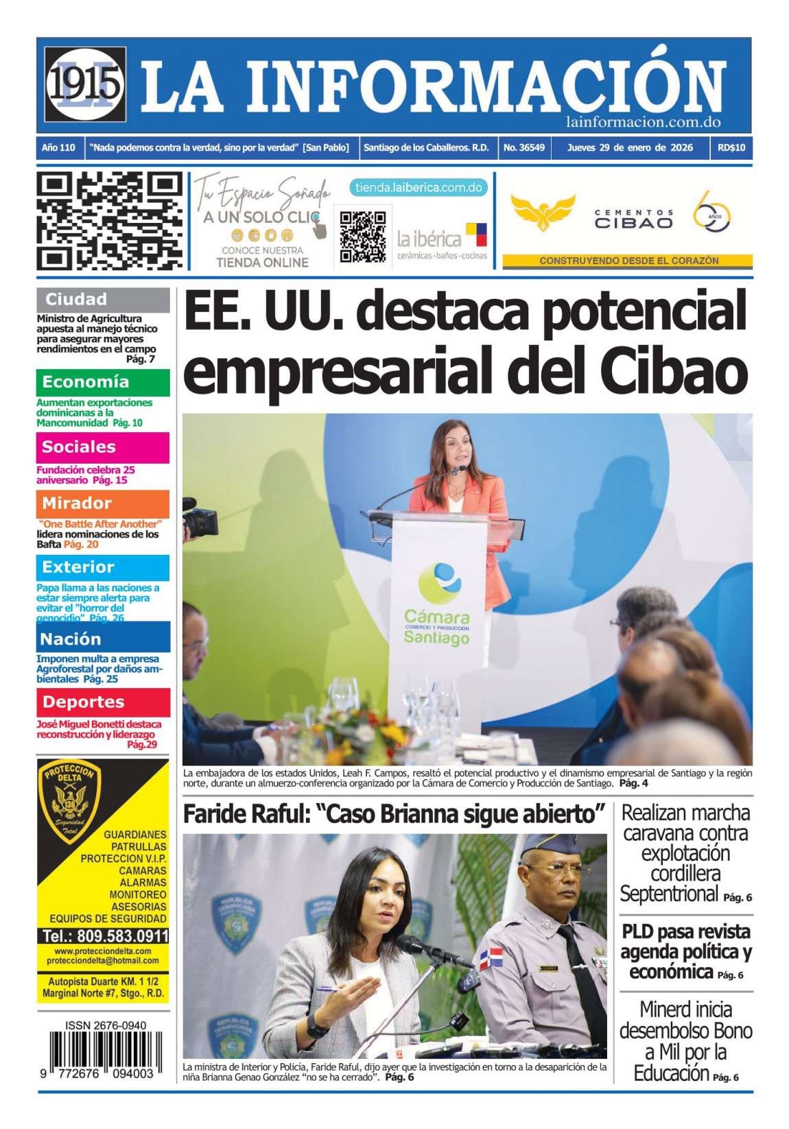 Portada Periódico La Información, Jueves 29, Enero, 2026