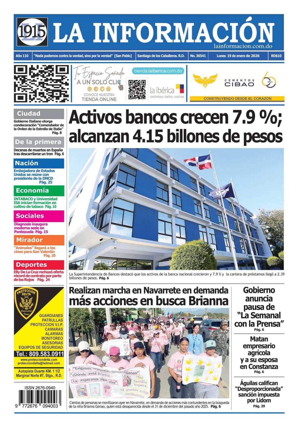 Portada Periódico La Información, Lunes 19, Enero, 2026