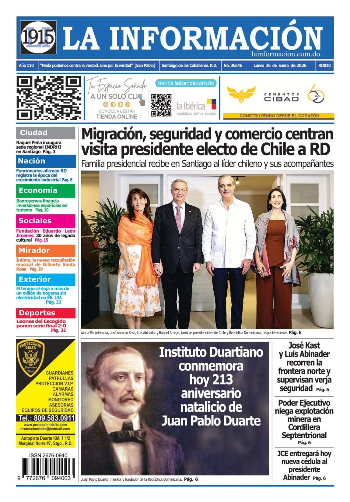 Portada Periódico La Información, Lunes 26, Enero, 2026