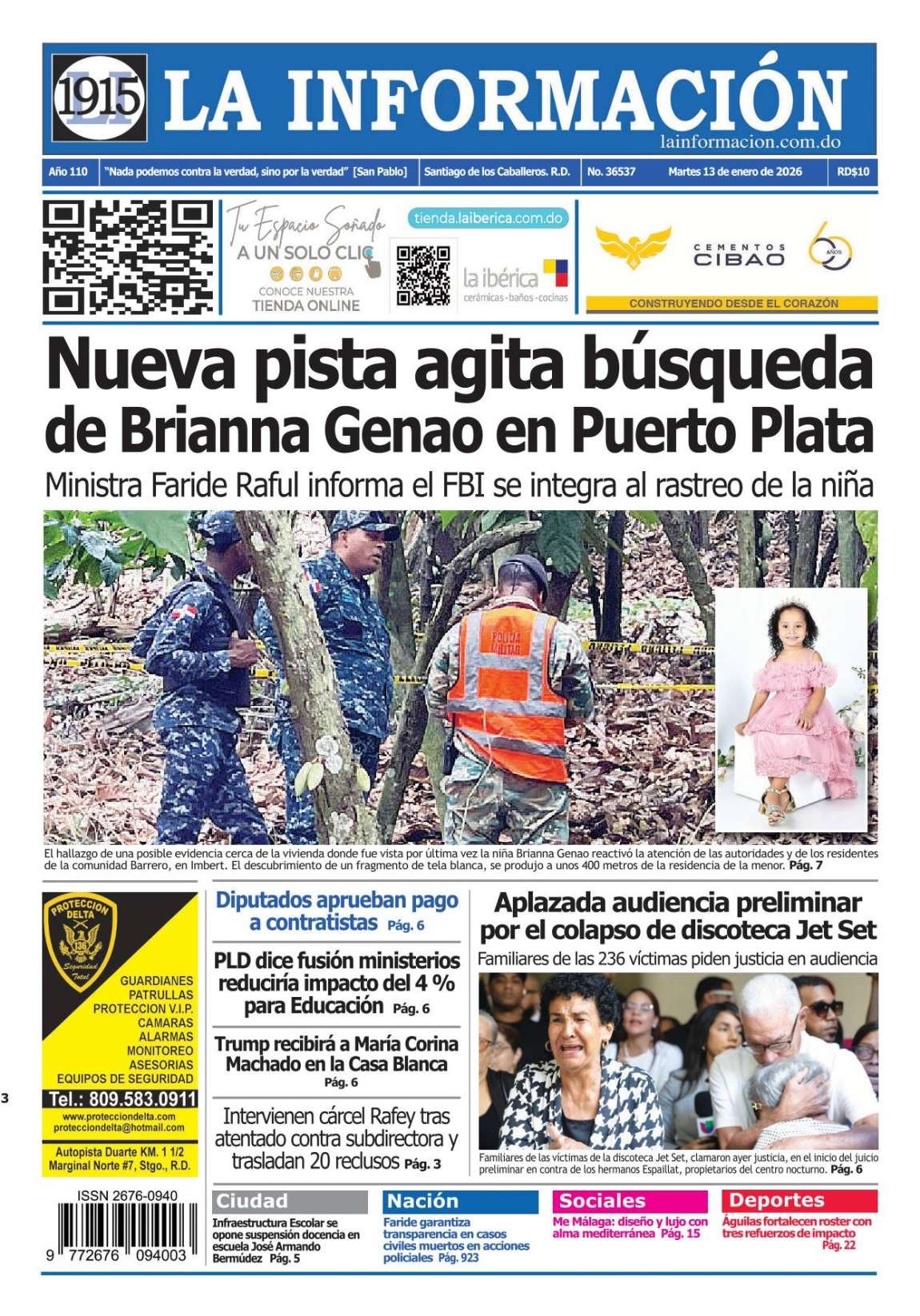 Portada Periódico La Información, Martes 13, Enero, 2026