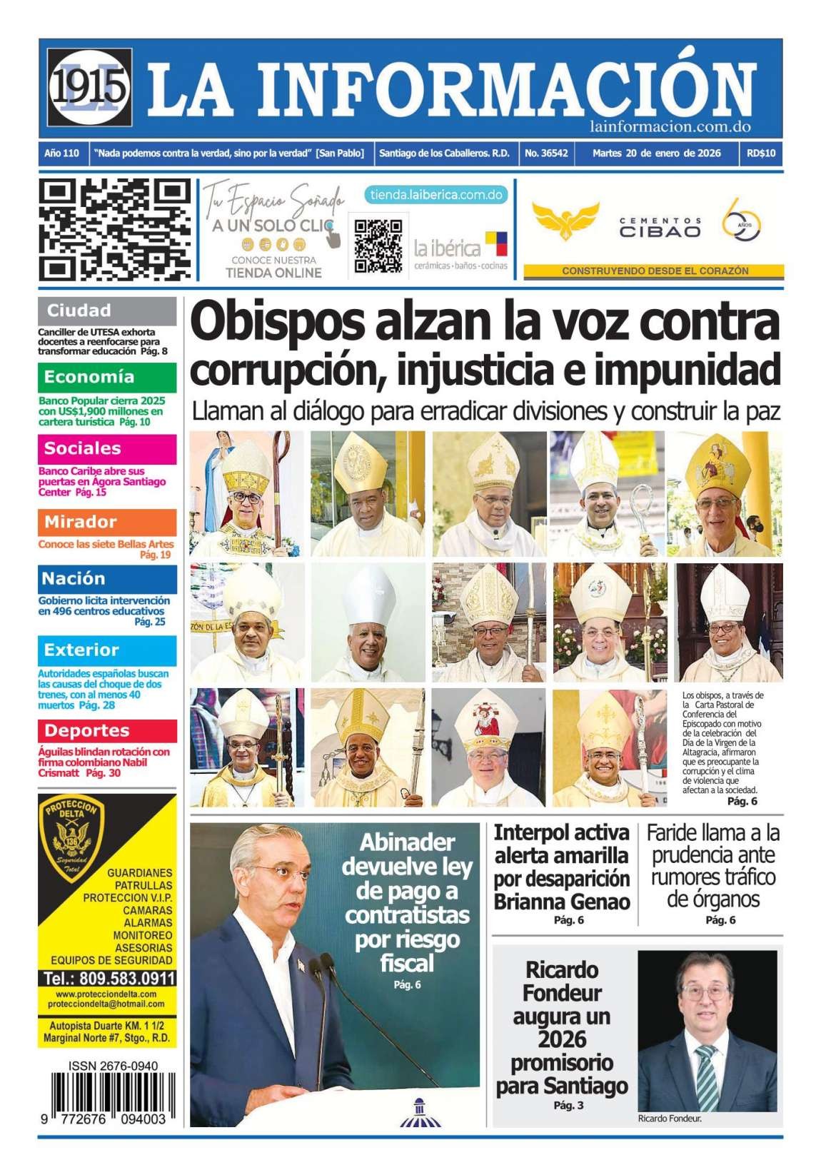 Portada Periódico La Información, Martes 20, Enero, 2026