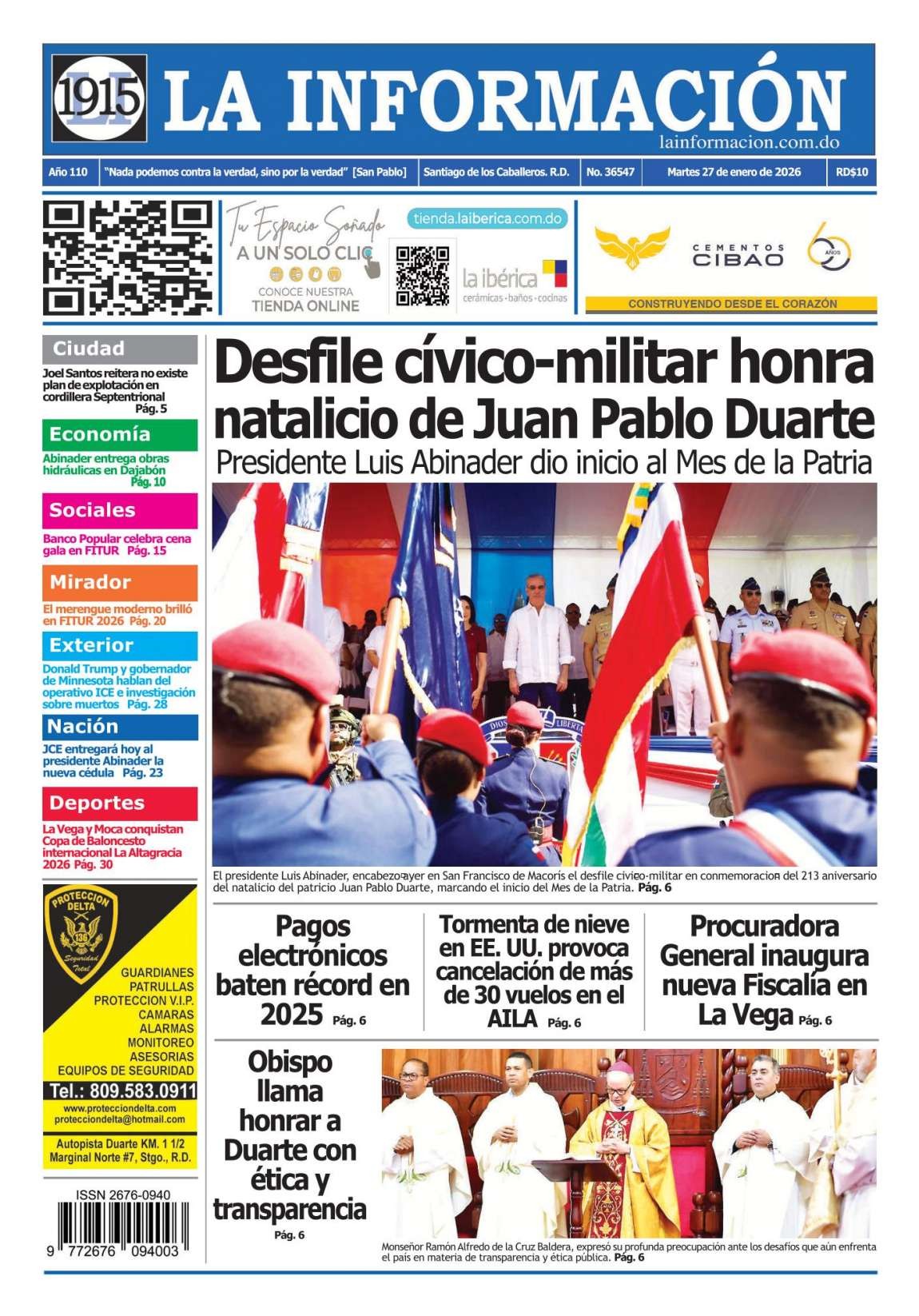 Portada Periódico La Información, Martes 27, Enero, 2026