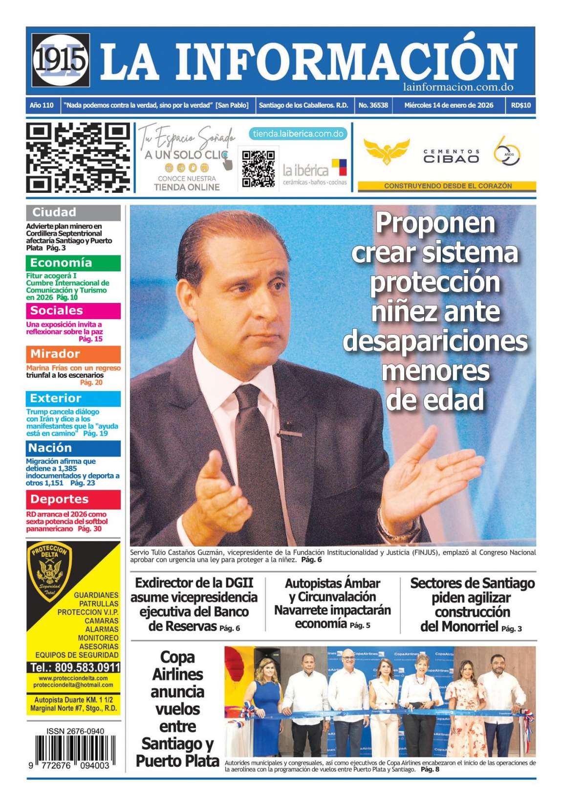 Portada Periódico La Información, Miércoles 14, Enero, 2026