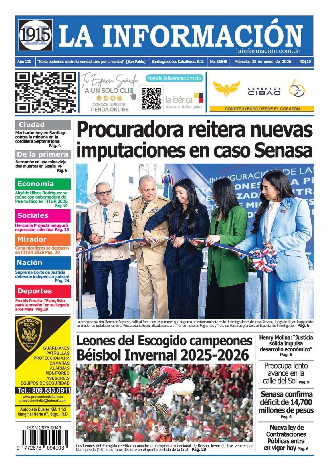 Portada Periódico La Información, Miércoles 28, Enero, 2026