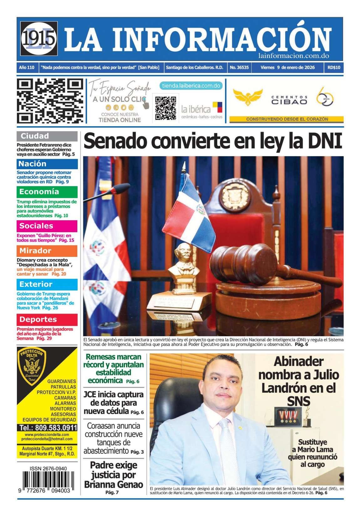 Portada Periódico La Información, Viernes 09, Enero, 2026