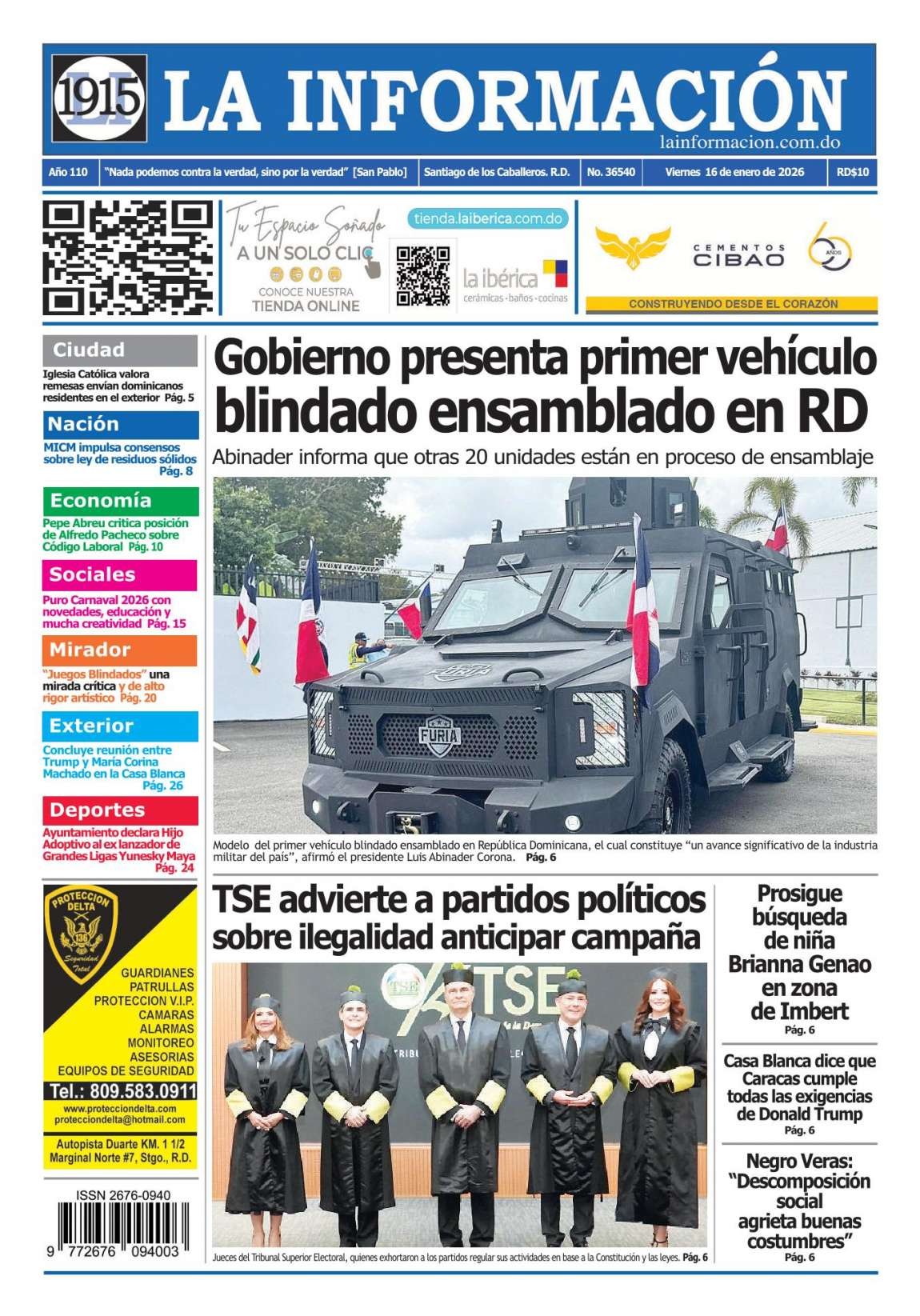Portada Periódico La Información, Viernes 16, Enero, 2026
