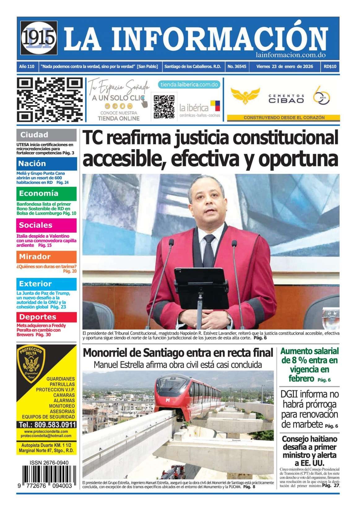 Portada Periódico La Información, Viernes 23, Enero, 2026