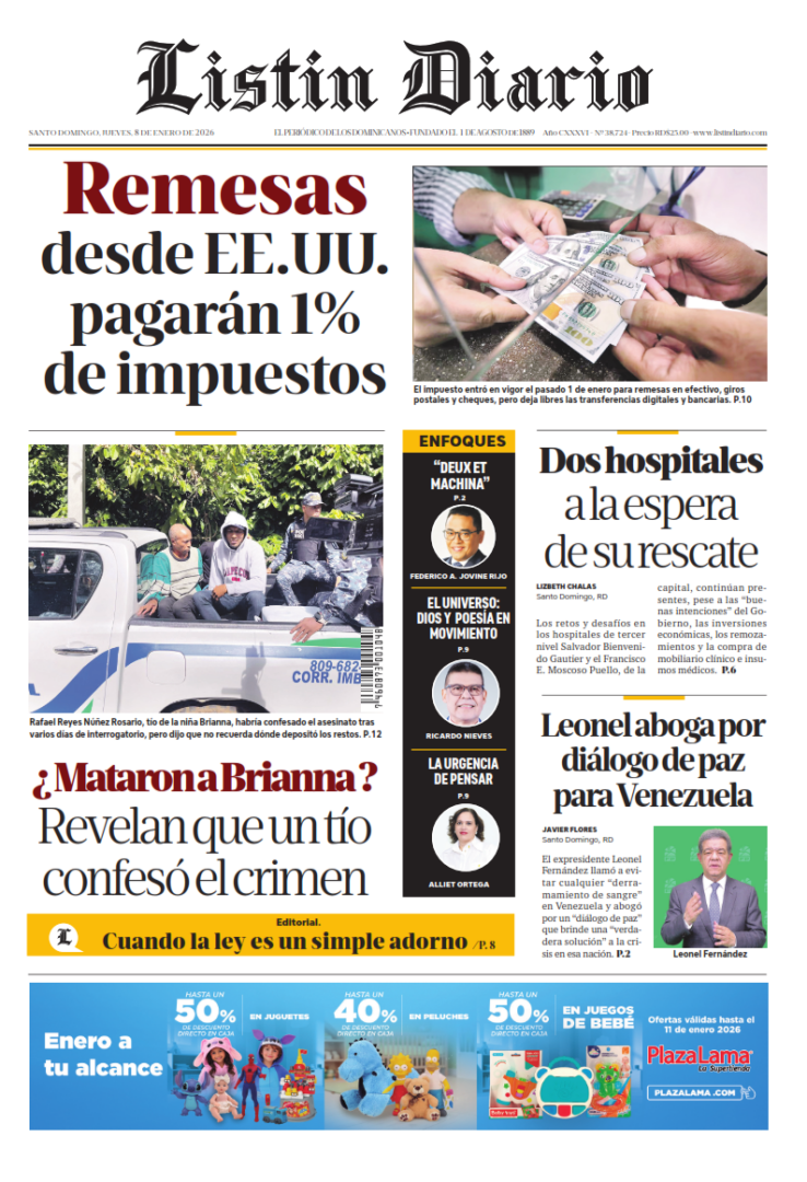 Portada Periódico Listín Diario, Jueves 08, Enero, 2026