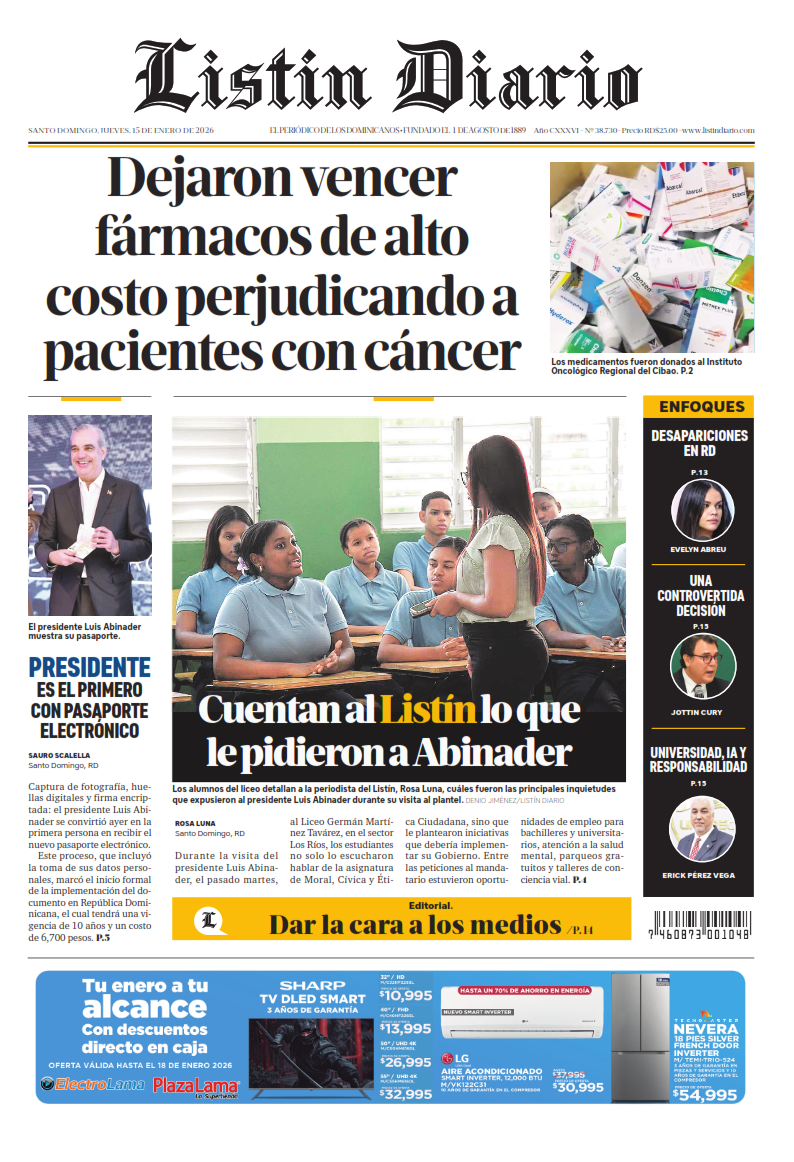 Portada Periódico Listín Diario, Jueves 15, Enero, 2026