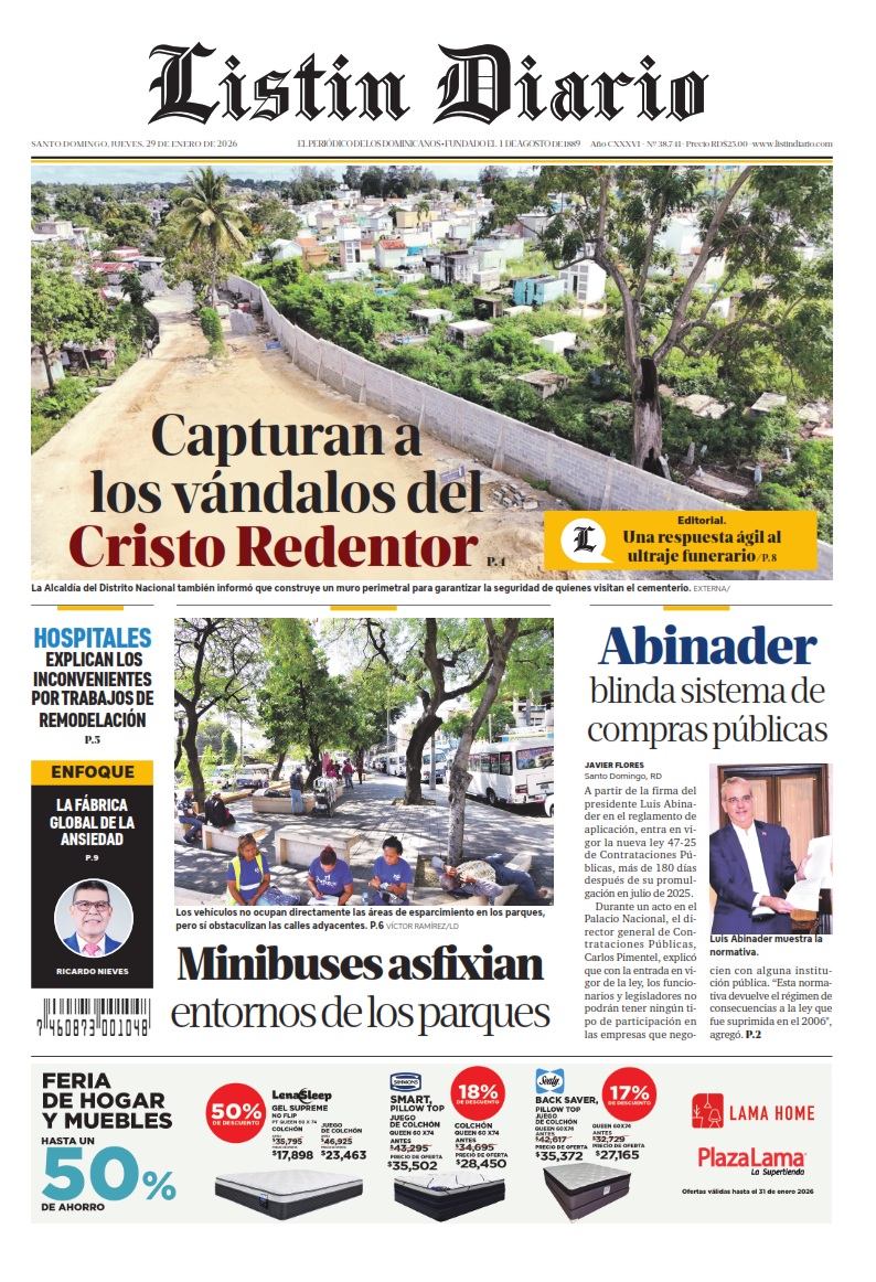 Portada Periódico Listín Diario, Jueves 29, Enero, 2026