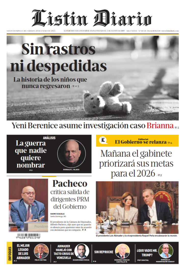 Portada Periódico Listín Diario, Lunes 12, Enero, 2026