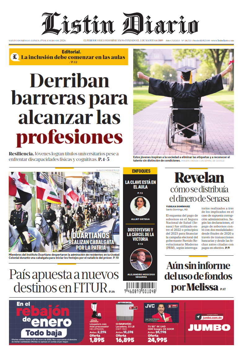 Portada Periódico Listín Diario, Lunes 19, Enero, 2026