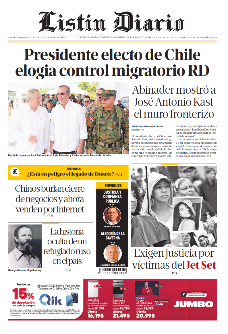 Portada Periódico Listín Diario, Lunes 26, Enero, 2026