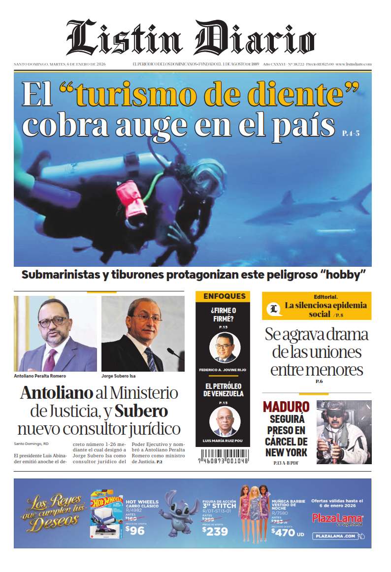 Portada Periódico Listín Diario, Martes 06, Enero, 2026