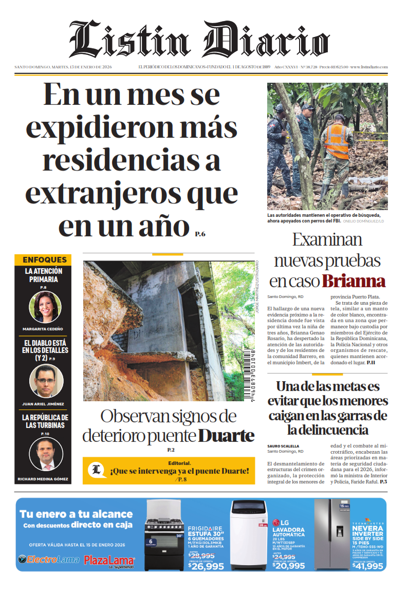 Portada Periódico Listín Diario, Martes 13, Enero, 2026