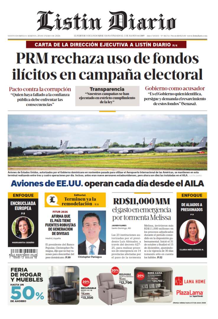 Portada Periódico Listín Diario, Martes 20, Enero, 2026