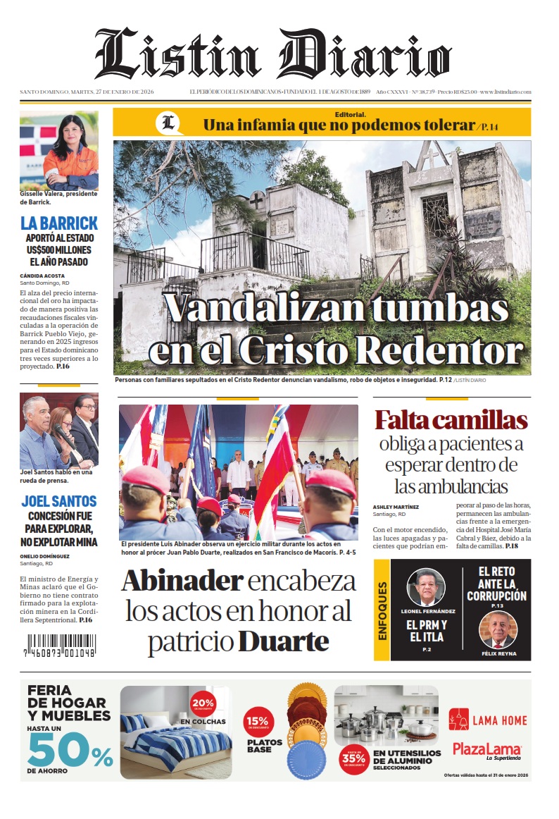 Portada Periódico Listín Diario, Martes 27, Enero, 2026