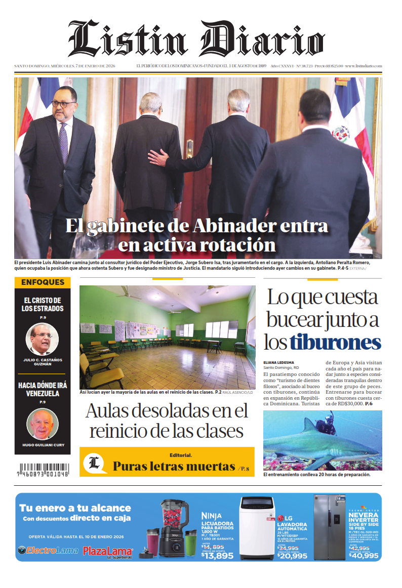 Portada Periódico Listín Diario, Miércoles 07, Enero, 2026