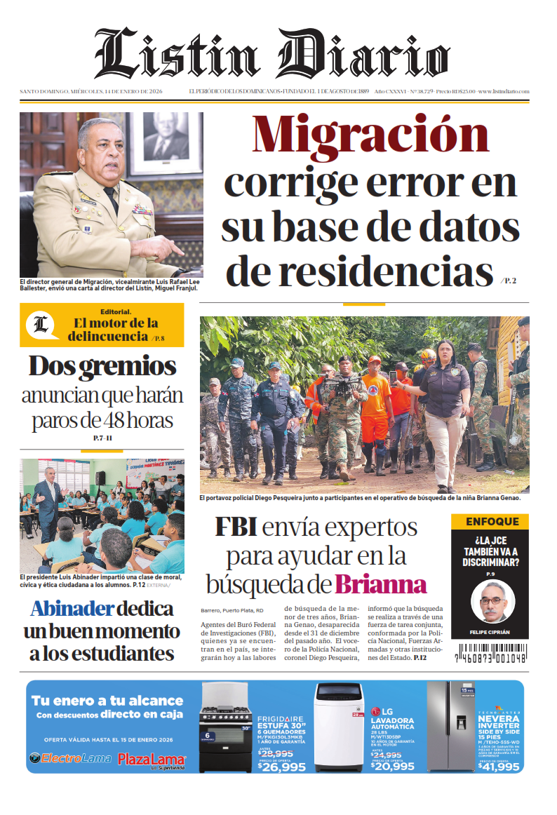 Portada Periódico Listín Diario, Miércoles 14, Enero, 2026