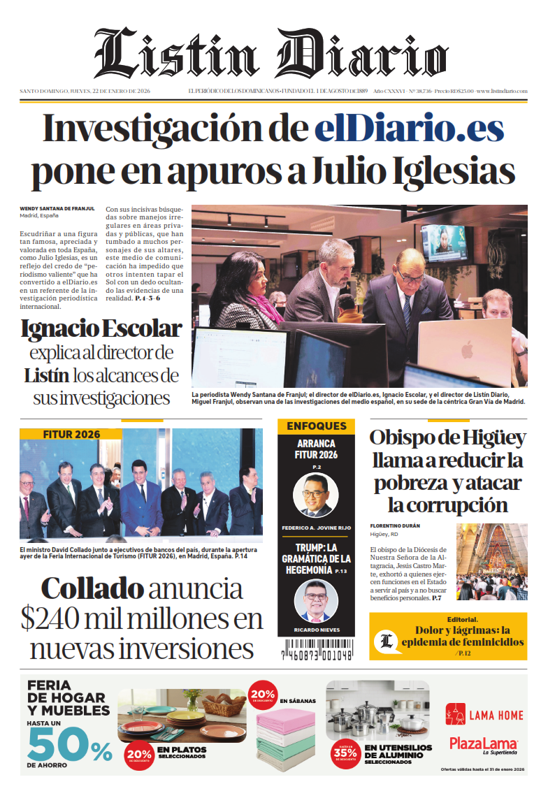 Portada Periódico Listín Diario, Miércoles 22, Enero, 2026