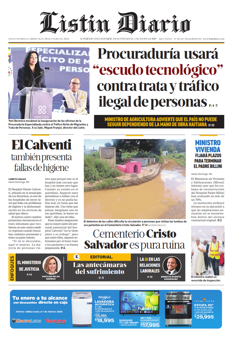 Portada Periódico Listín Diario, Miércoles 28, Enero, 2026