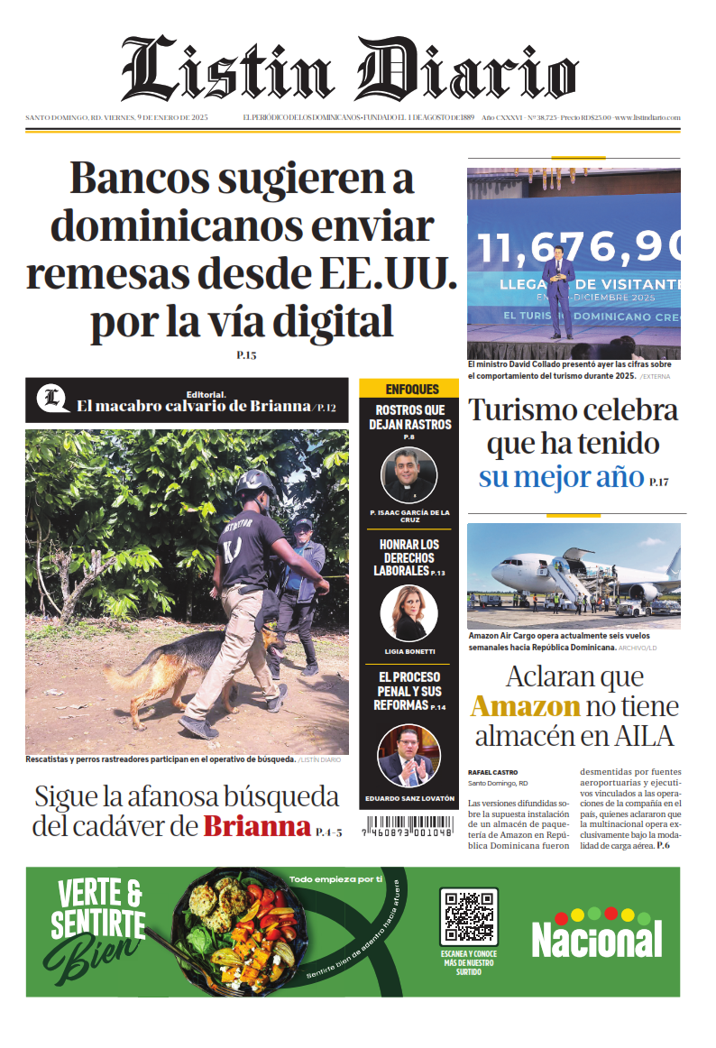 Portada Periódico Listín Diario, Viernes 09, Enero, 2026