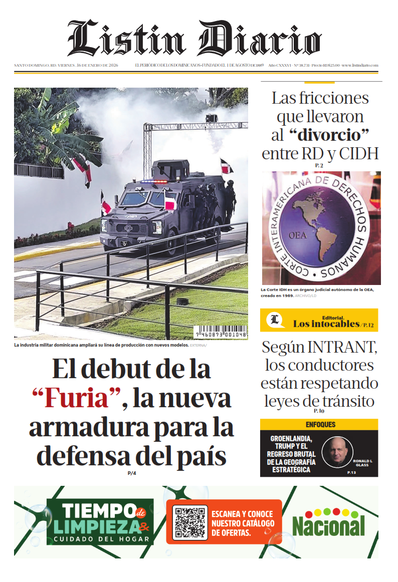 Portada Periódico Listín Diario, Viernes 16, Enero, 2026