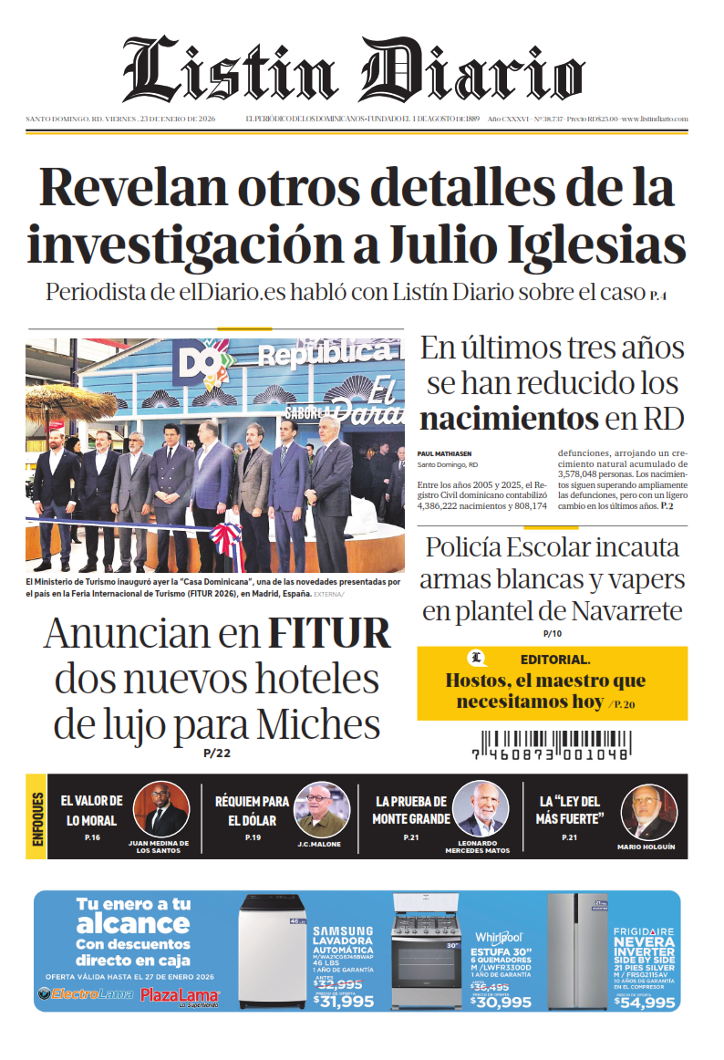 Portada Periódico Listín Diario, Viernes 23, Enero, 2026