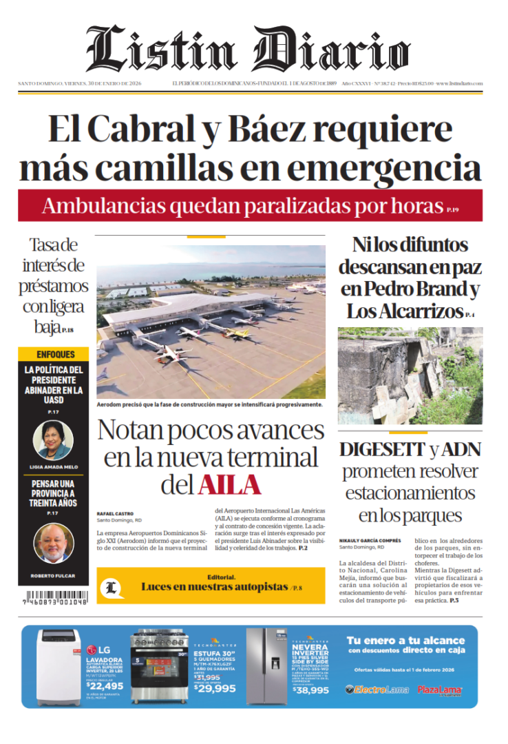 Portada Periódico Listín Diario, Viernes 30, Enero, 2026